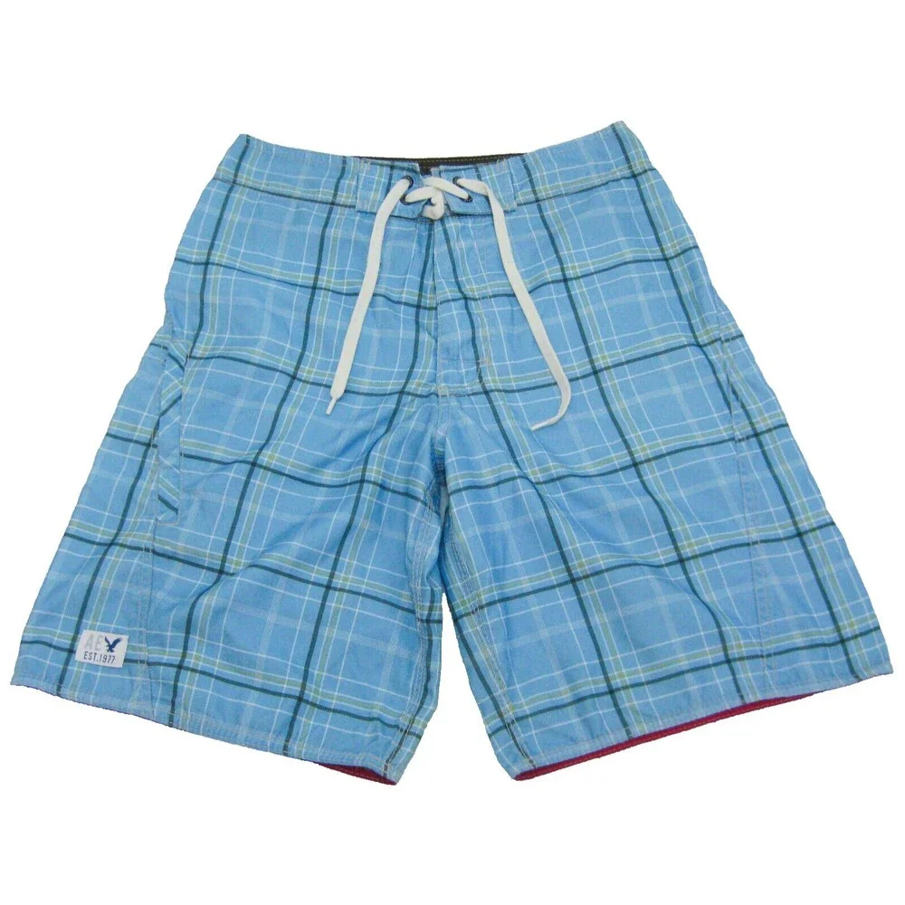 AMERICAN EAGLE Boy's (Size 28) Blue Plaid Board Shorts Swim Surf Beach Swimming